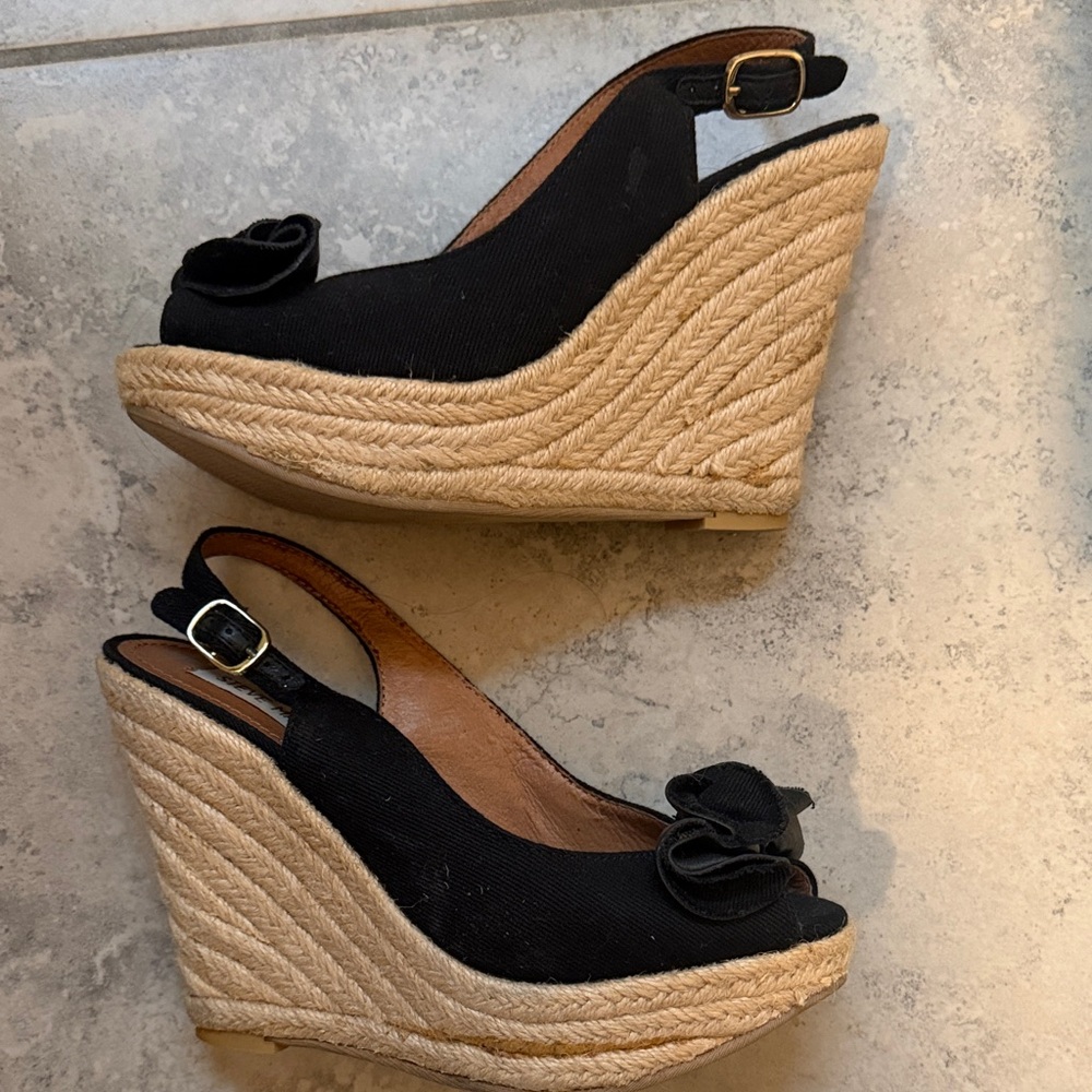 Steve Madden Black Espadrille Wedge Slingback Heels